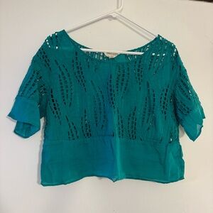 Teal boho eyelet/lace cropped blouse